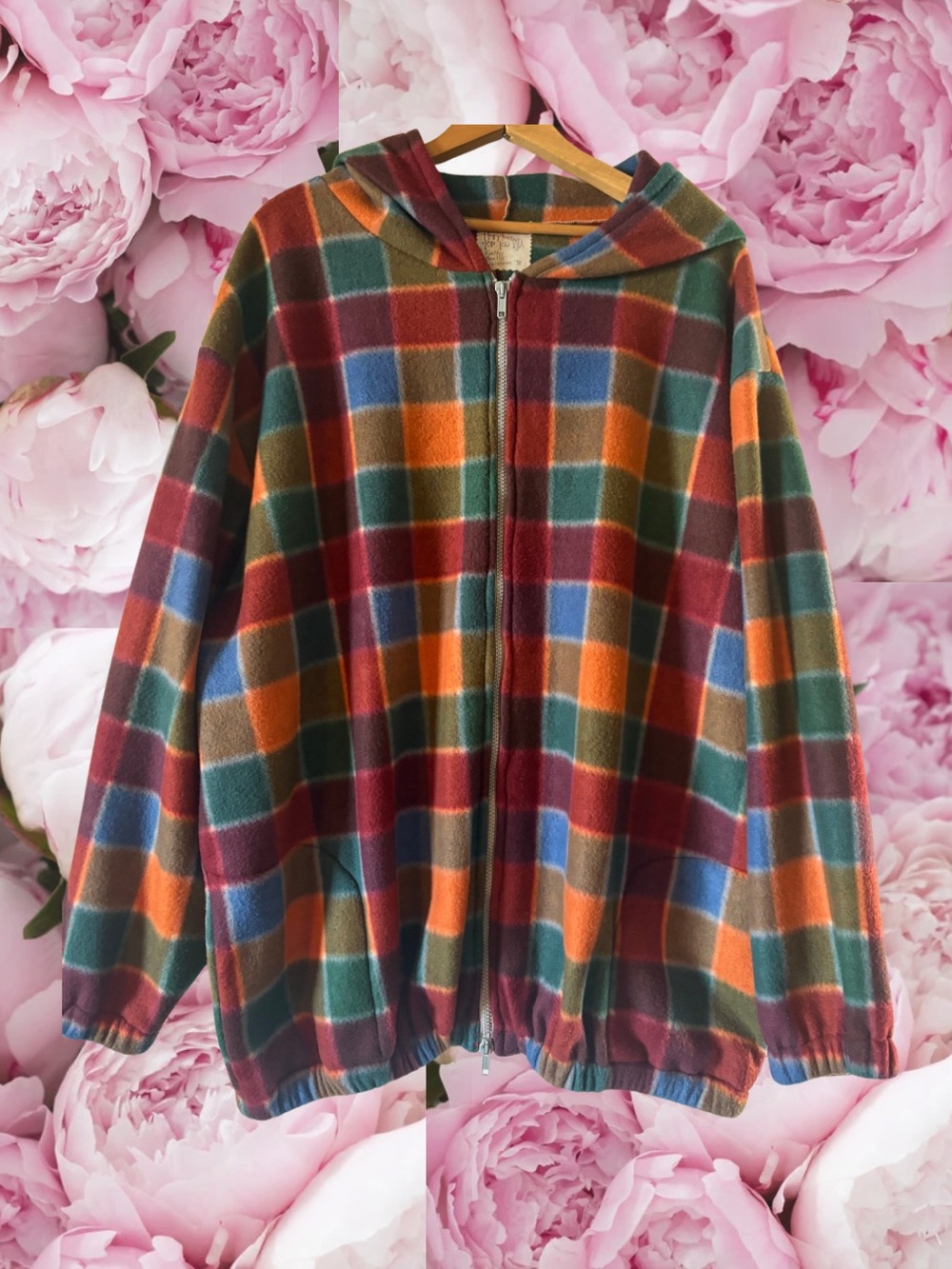 Checkered Fleece Jacket Handmade Hooded Pockets Zipper Multicolor Cozy
